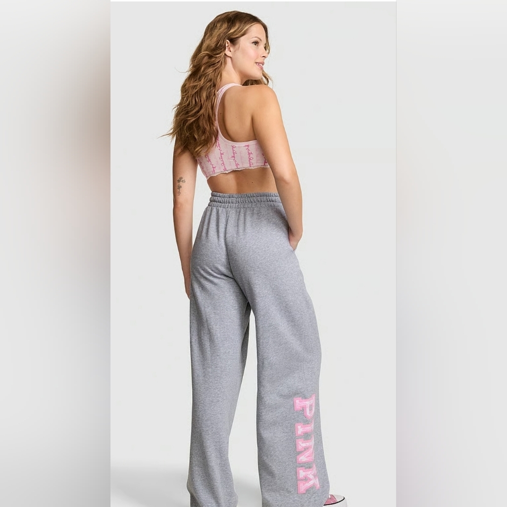LoveShackFancy Gray Wide Leg Sweatpants with Pink Accents - Picture 3 of 14